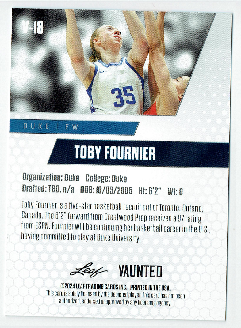 Mint Toby Fournier 2024 Leaf Vaunted #18V Debut Collection Rookie Card Canada