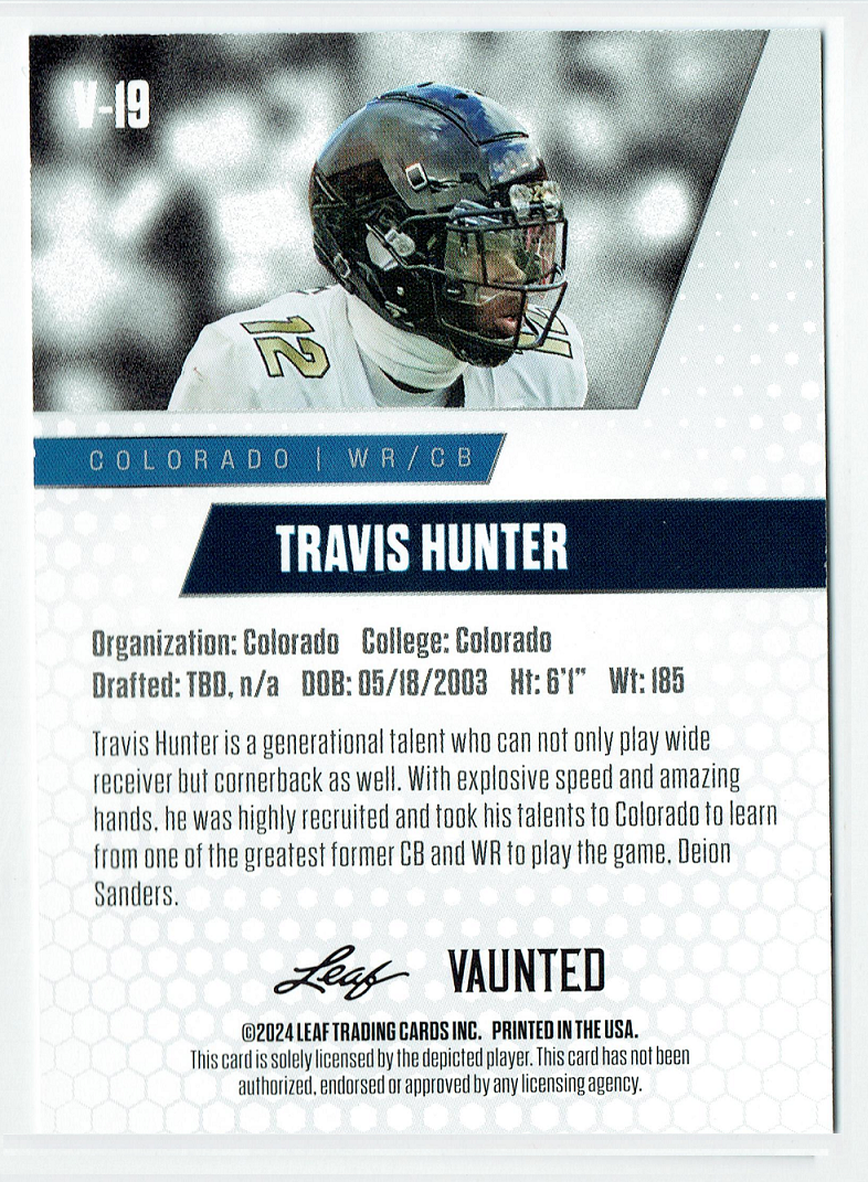 Mint Travis Hunter 2024 Leaf Vaunted #19V Debut Collection Rookie Card Colorado Buffaloes