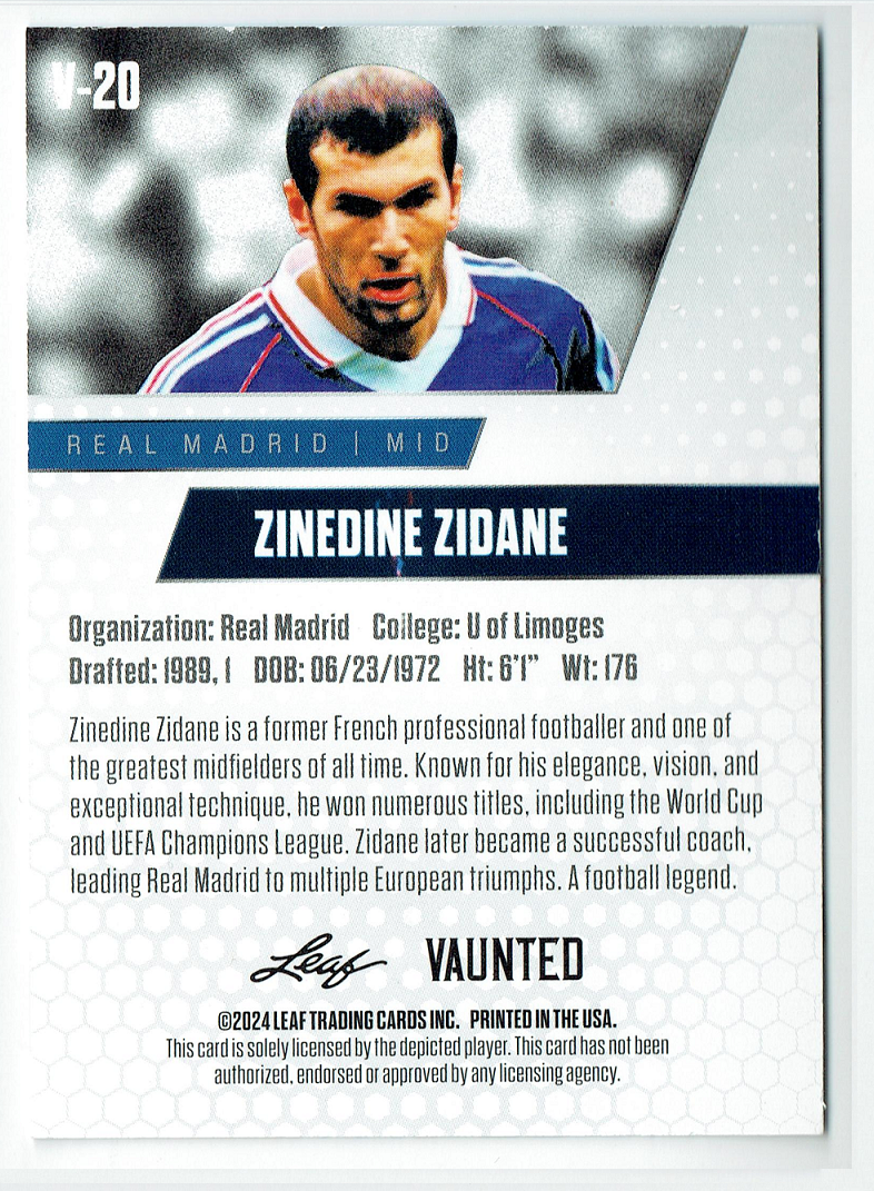 Mint Zinedine Zidane 2024 Leaf Vaunted #20V Debut Collection Rare Trading Card