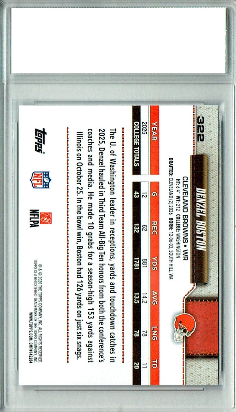 Denzel Boston Rookie Card 2026 Topps #322 Flagship, PGI 10, Cleveland Browns Football