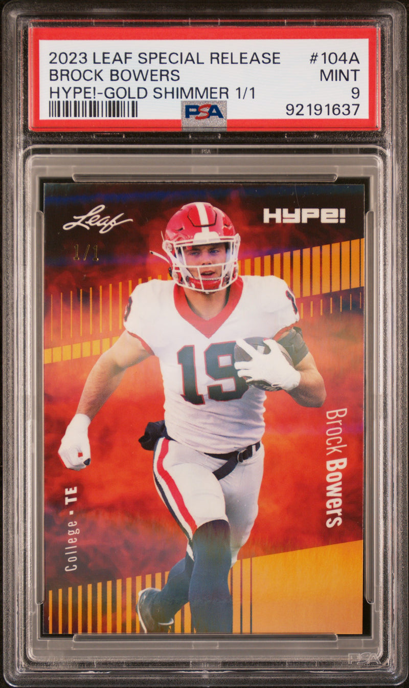 PSA 9 Brock Bowers 2023 Leaf HYPE #104A Gold Shimmer 1/1 Rookie Card Las Vegas Raiders