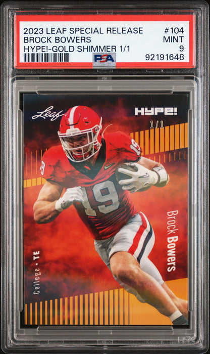 PSA 9 Brock Bowers 2023 Leaf Hype! #104 Gold Shimmer 1/1 Rookie Card