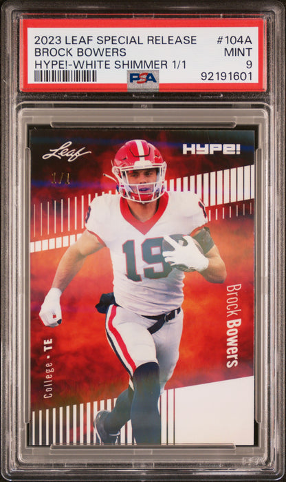 PSA 9 Brock Bowers 2023 Leaf Hype! #104A White Shimmer 1/1 Rookie Card