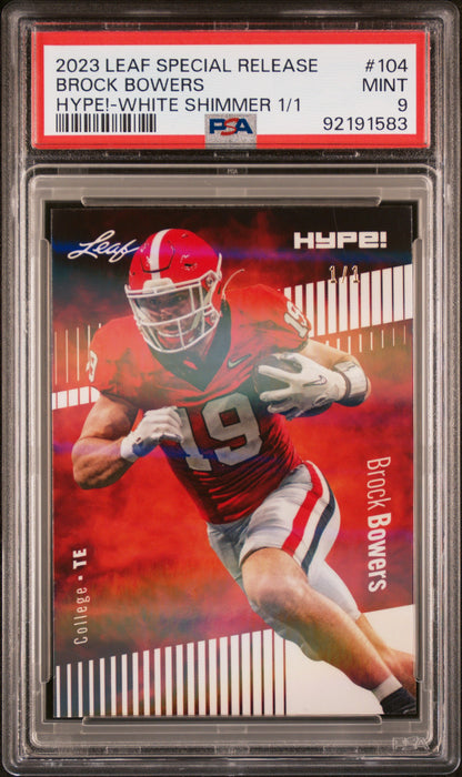 PSA 9 Brock Bowers 2023 Leaf Hype! #104 White Shimmer 1/1 Rookie Card