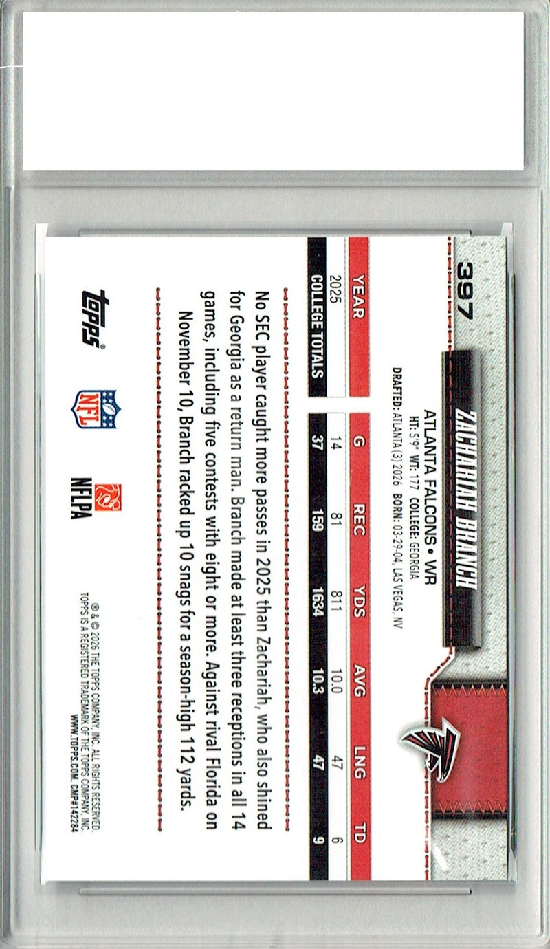 Zachariah Branch Rookie Card 2026 Topps #397 Flagship, Certified Mint+ Condition, Atlanta Falcons Football