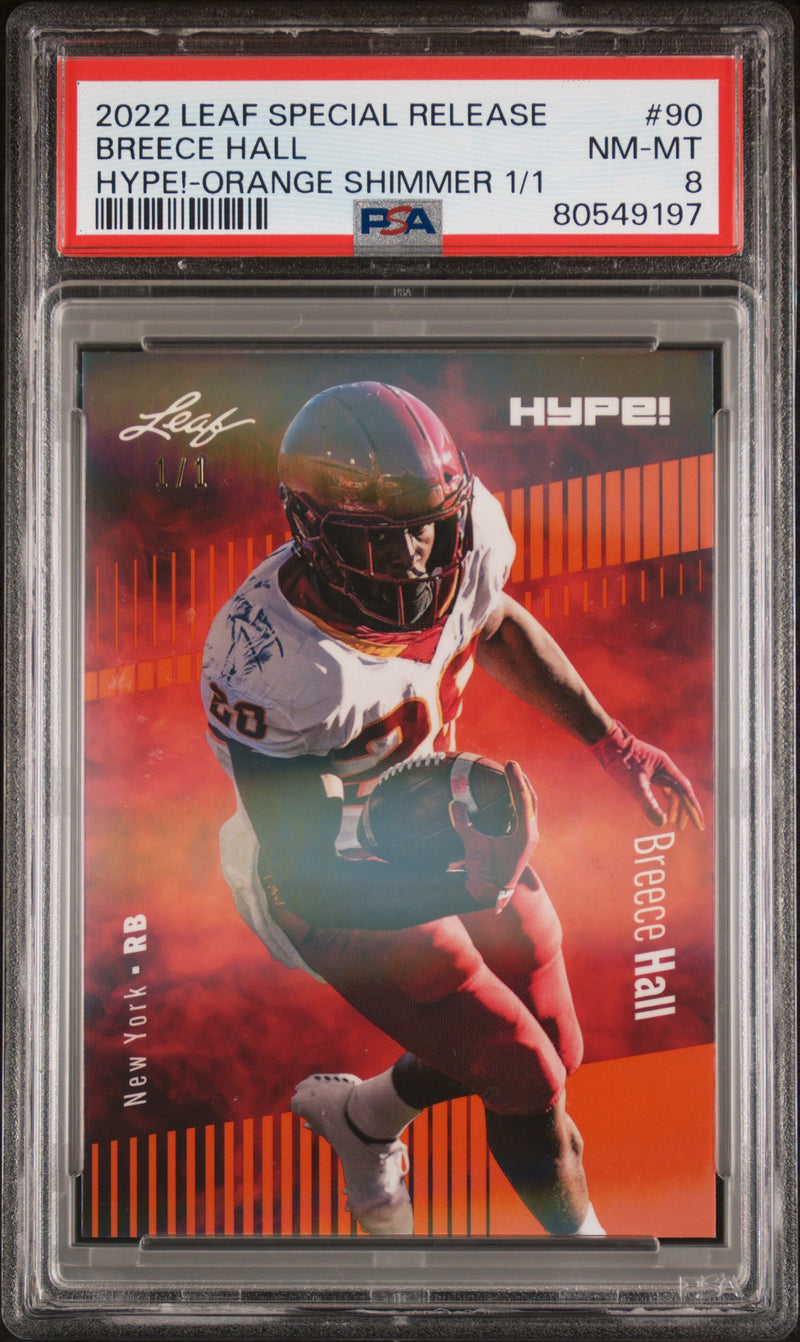PSA 8 Breece Hall 2022 Leaf Hype! #90 Orange Shimmer 1 of 1 Rookie Card