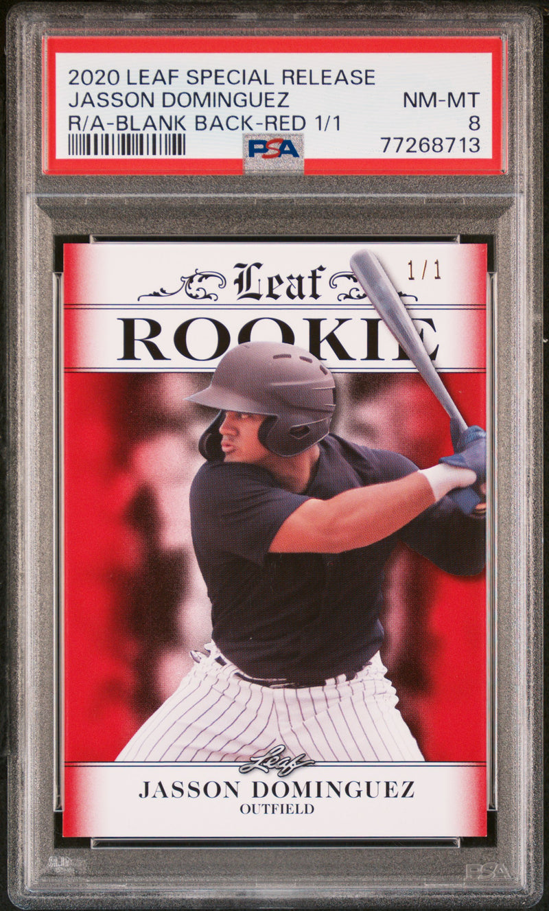 Jasson Dominguez 2020 Leaf Exclusive #1 Rookie Card Blank Back-Red 1/1 PSA NM-MT 8 (Near Mint-Mint)