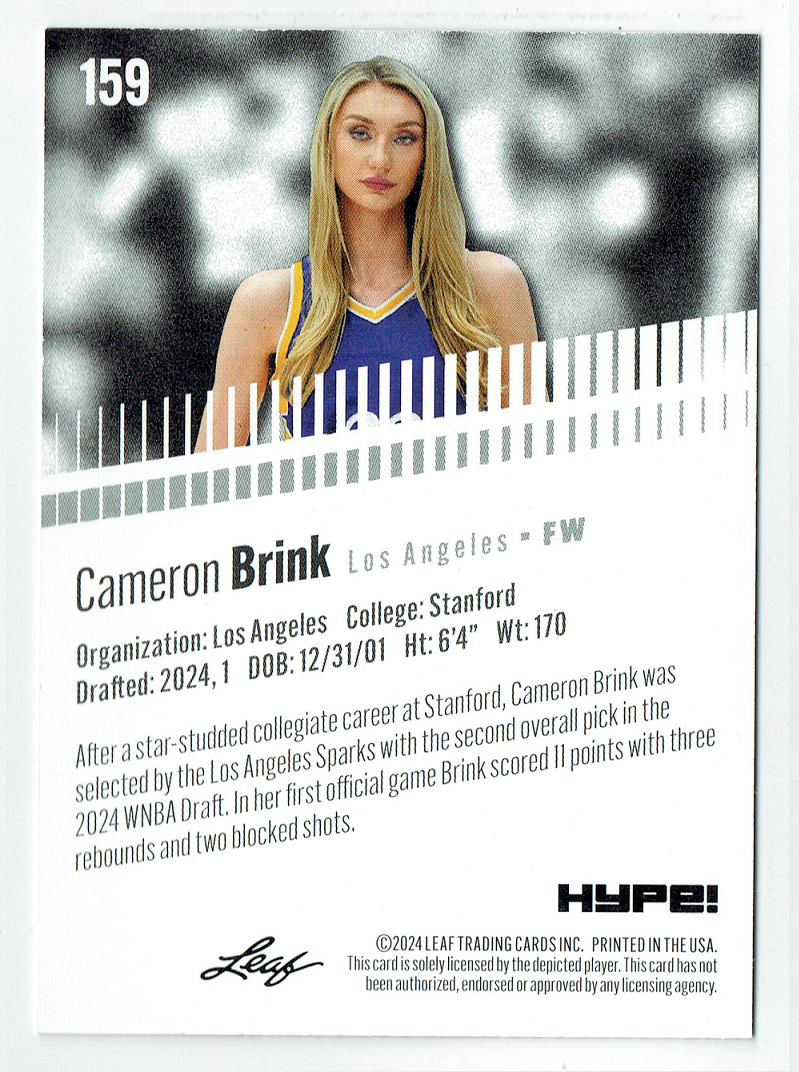 Mint Cameron Brink 2024 Leaf HYPE! #LH-159 Only 5000 Made Rookie Card Los Angeles Sparks