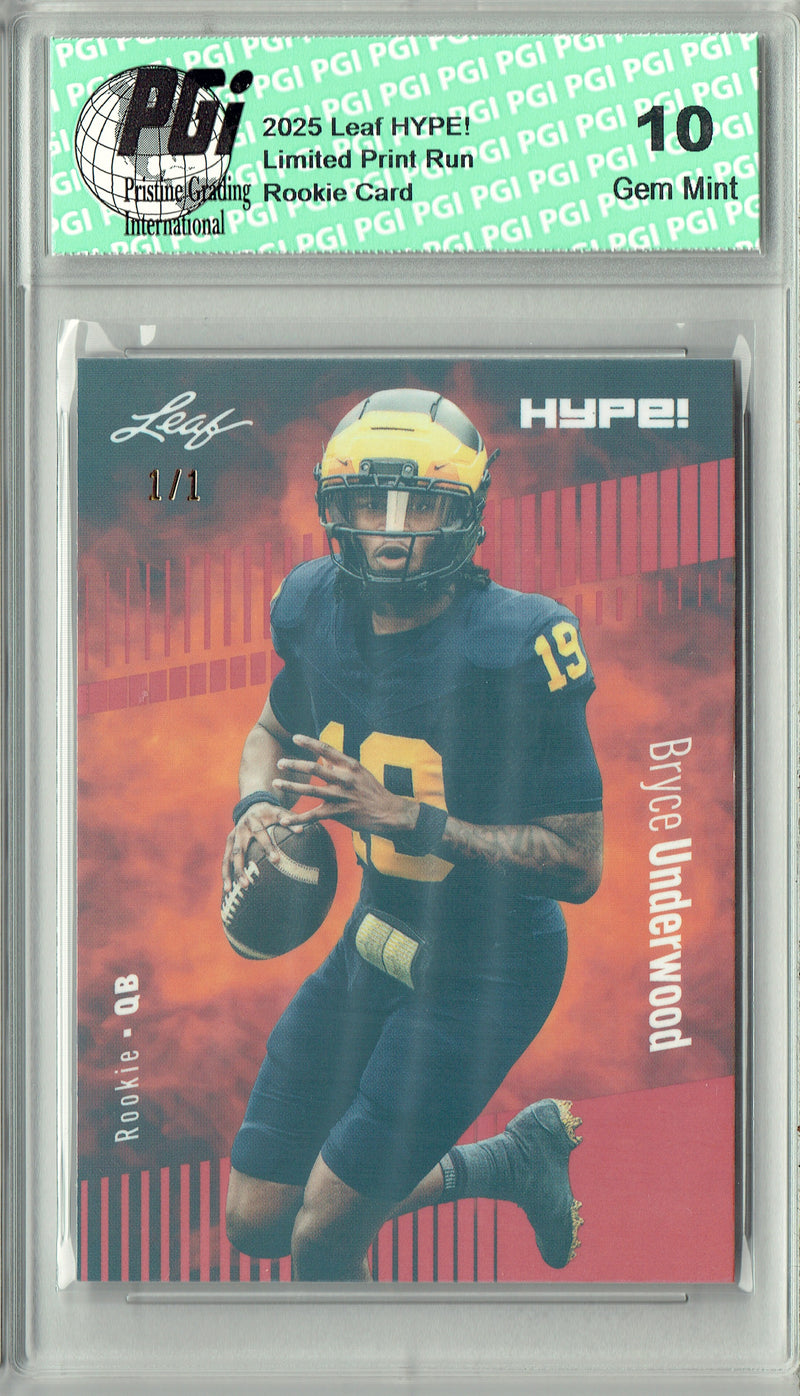 Bryce Underwood Rookie Card Michigan PGI 10 Football Trading Card 2025 Leaf HYPE! #180 Orange Shimmer 1/1