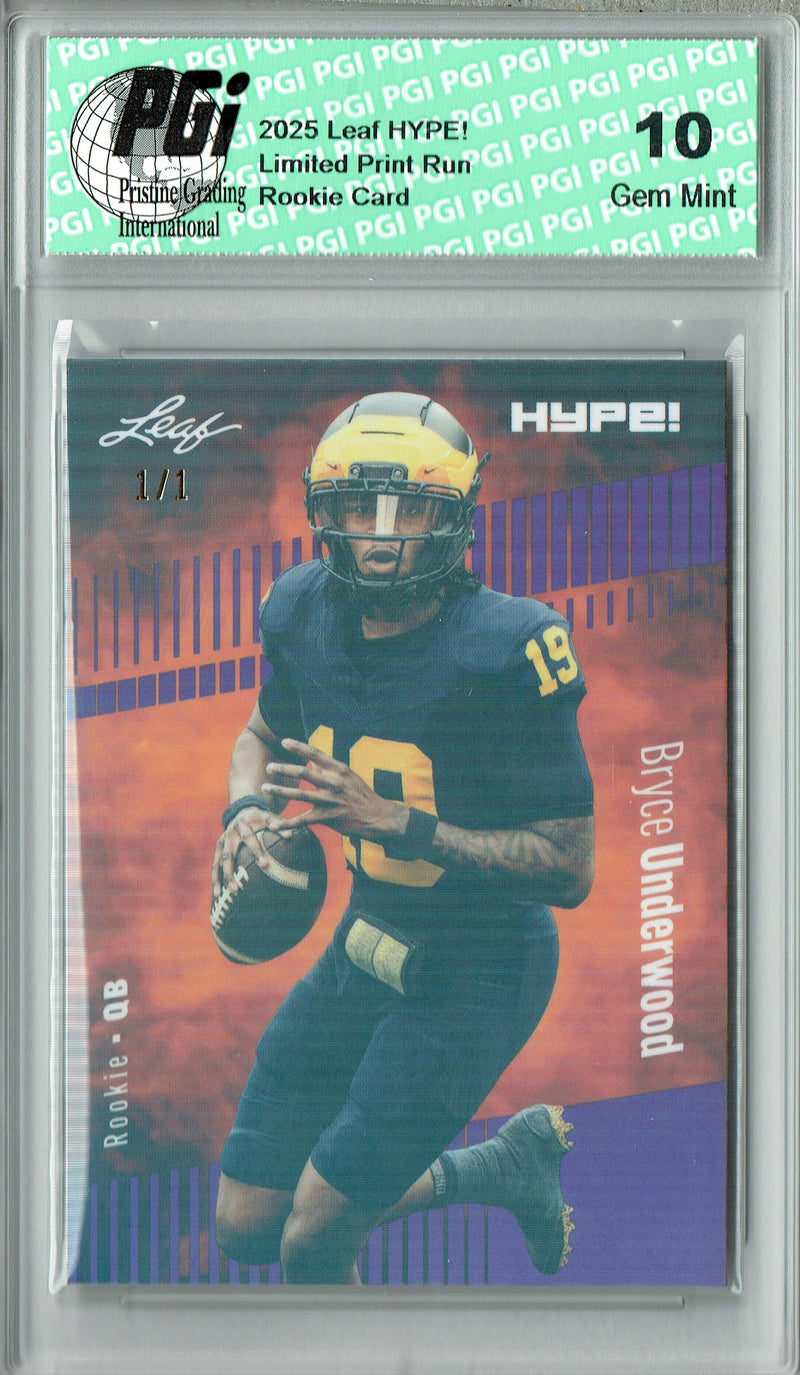 Bryce Underwood Rookie Card Michigan PGI 10 Football Trading Card 2025 Leaf HYPE! #180 Purple Shimmer 1/1