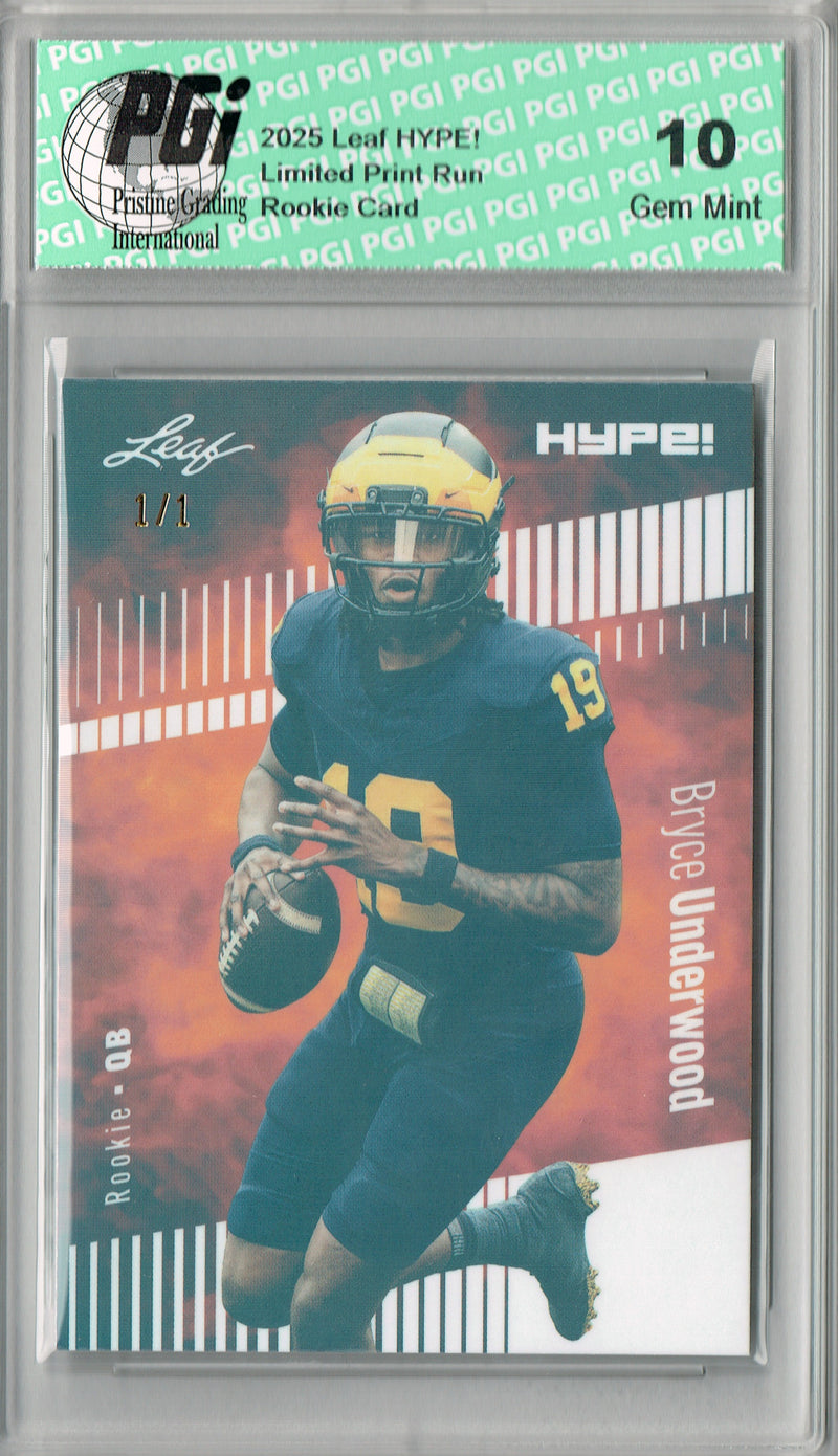 Bryce Underwood Rookie Card Michigan PGI 10 Football Trading Card 2025 Leaf HYPE! #180 White Shimmer 1/1