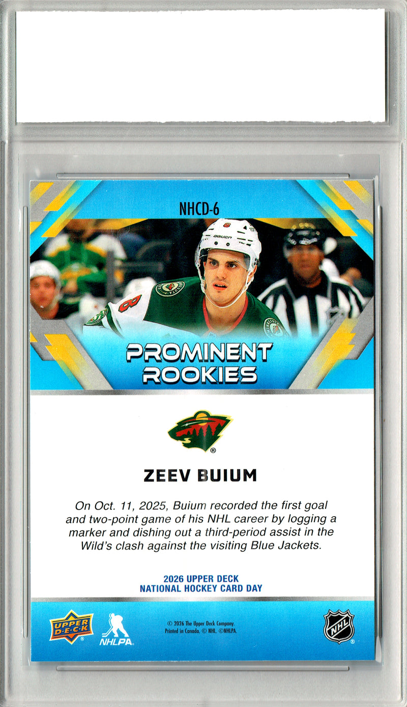 Zeev Buium Rookie Card 2026 Upper Deck #NHCD-6 National Hockey Card Day, PGI 10, Minnesota Wild Hockey