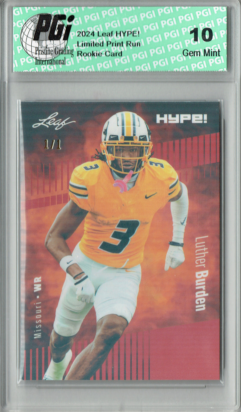 Luther Burden Rookie Card Chicago PGI 10 Gem Mint Football Trading Card 2024 Leaf HYPE! #167 Orange Shimmer 1/1