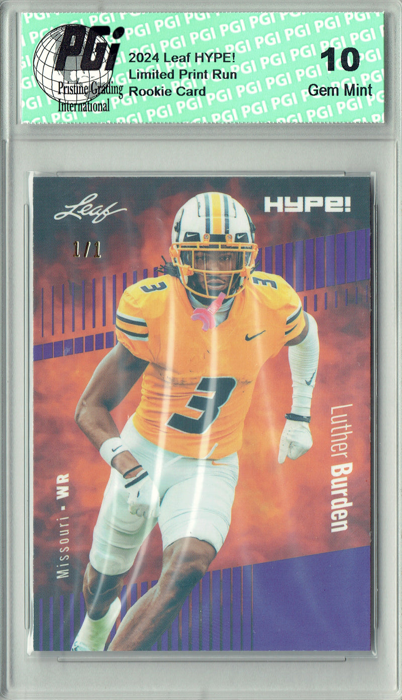 Luther Burden Rookie Card Chicago PGI 10 Gem Mint Football Trading Card 2024 Leaf HYPE! #167 Purple Shimmer 1/1