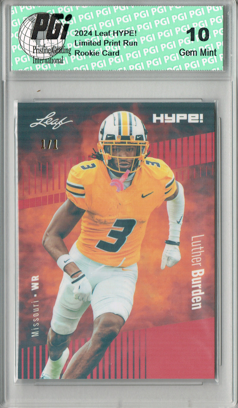 Luther Burden Rookie Card Chicago PGI 10 Gem Mint Football Trading Card 2024 Leaf HYPE! #167 Red Shimmer 1/1