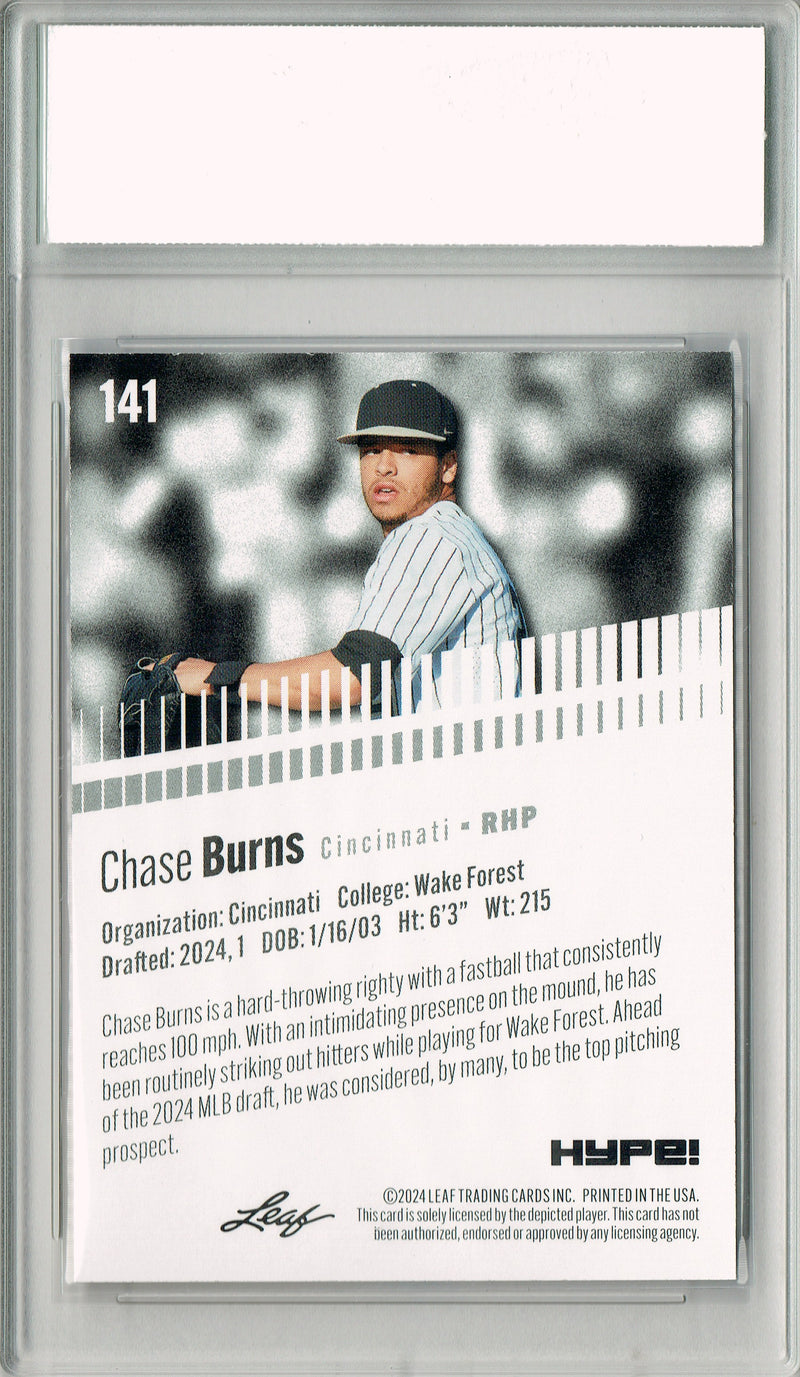 Chase Burns 2024 Leaf HYPE! #141 Red SP 5 Made Rookie Card PGI 10