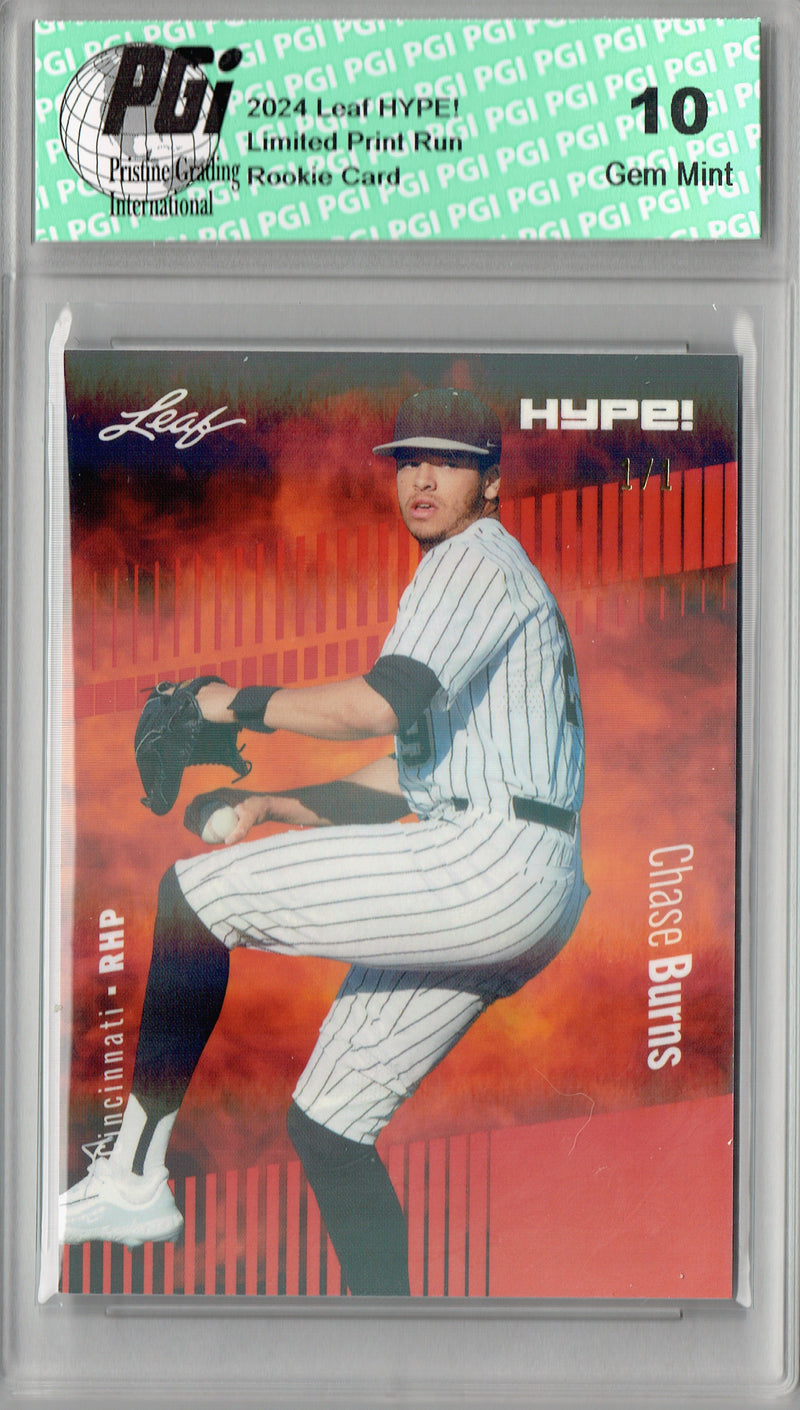 Chase Burns 2024 Leaf HYPE! #141 Orange Shimmer 1/1 Rookie Card PGI 10