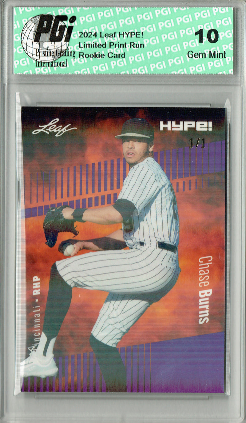 Chase Burns 2024 Leaf HYPE! #141 Purple Shimmer 1/1 Rookie Card PGI 10