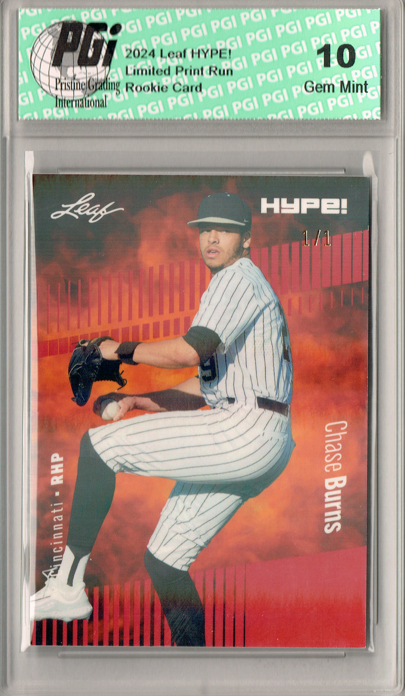 Chase Burns 2024 Leaf HYPE! #141 Red Shimmer 1/1 Rookie Card PGI 10