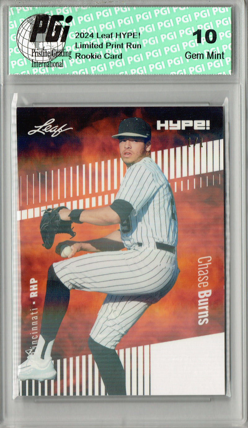 Chase Burns 2024 Leaf HYPE! #141 White Shimmer 1/1 Rookie Card PGI 10