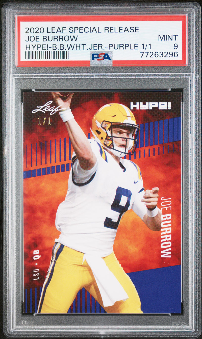 Joe Burrow Rookie Card Cincinnati PSA MINT 9 (Mint) Football Trading Card 2020 Leaf Hype #30A Purple Blank Back #1/1