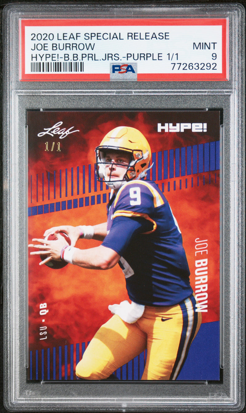 Joe Burrow Rookie Card Cincinnati PSA MINT 9 (Mint) Football Trading Card 2020 Leaf Hype #30 Purple Blank Back #1/1