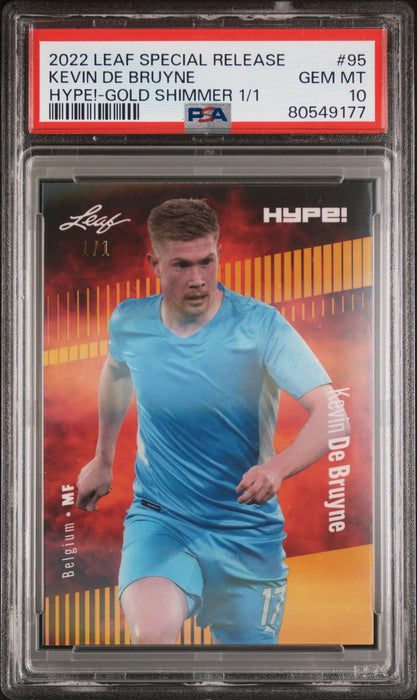 PSA 10 Kevin De Bruyne 2022 Leaf Hype! #95 Gold Shimmer 1/1 Rare Trading Card