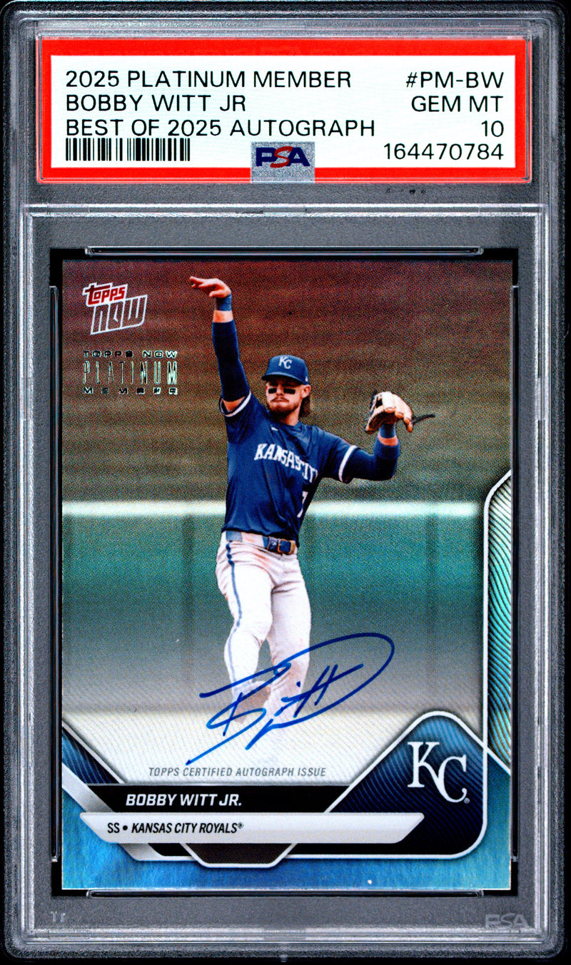 Bobby Witt Jr. Trading Card 2025 Topps Now #PM-BW Platinum Member Best Auto, PSA 10, Kansas City Royals Baseball