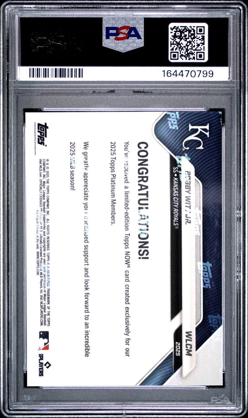 Bobby Witt Jr. Trading Card 2025 Topps Now #WLCM Platinum Member, PSA 10, Kansas City Royals Baseball