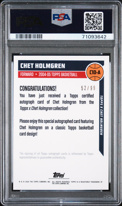 PSA 10 GEM-MT Chet Holmgren 2022 Topps X #C10A Rookie Card Auto #52/99