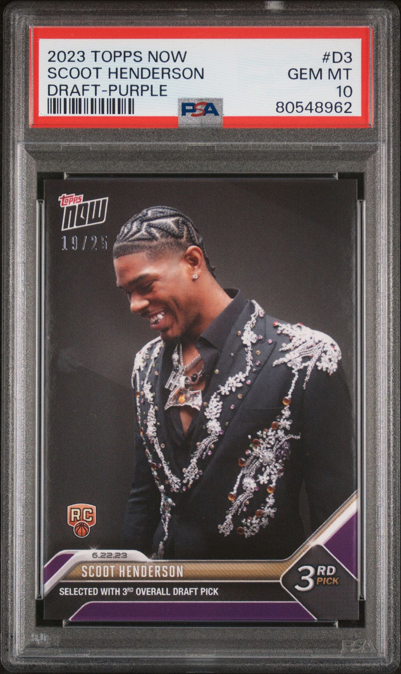 PSA 10 Scoot Henderson 2023 Topps Now #D3 NBA Draft Purple #19/25 Rookie Card
