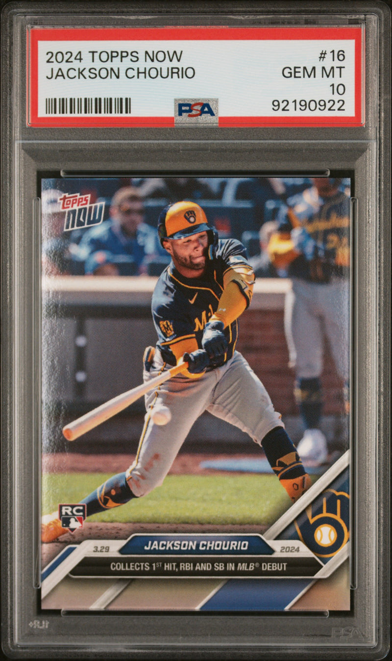PSA 10 Jackson Chourio 2024 Topps Now #16 1st HR Rookie Card Milwaukee Brewers