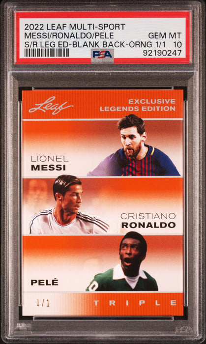 PSA 10 Lionel Messi/Pele/Cristiano Ronaldo '22 Leaf Triple Orange Blank Back 1/1