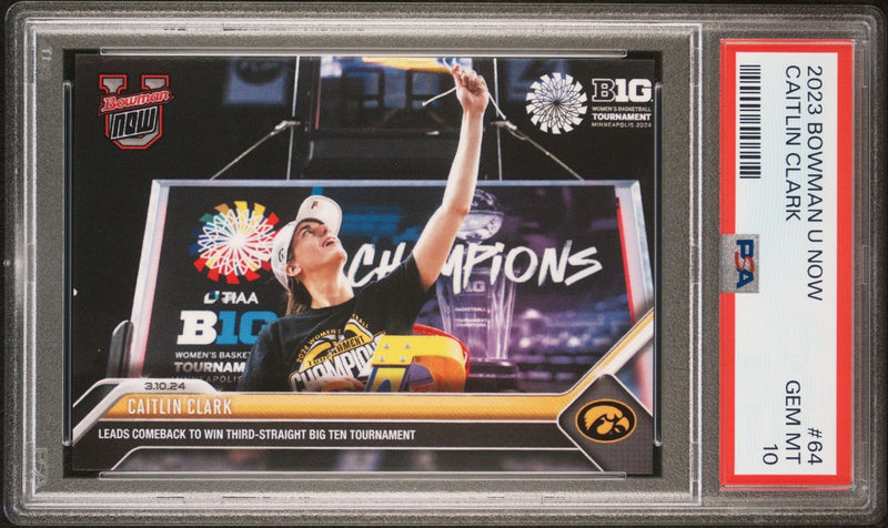 PSA 10 Caitlin Clark 2024 Bowman University Now #64 Leads Comeback Rookie Card Iowa Hawkeyes
