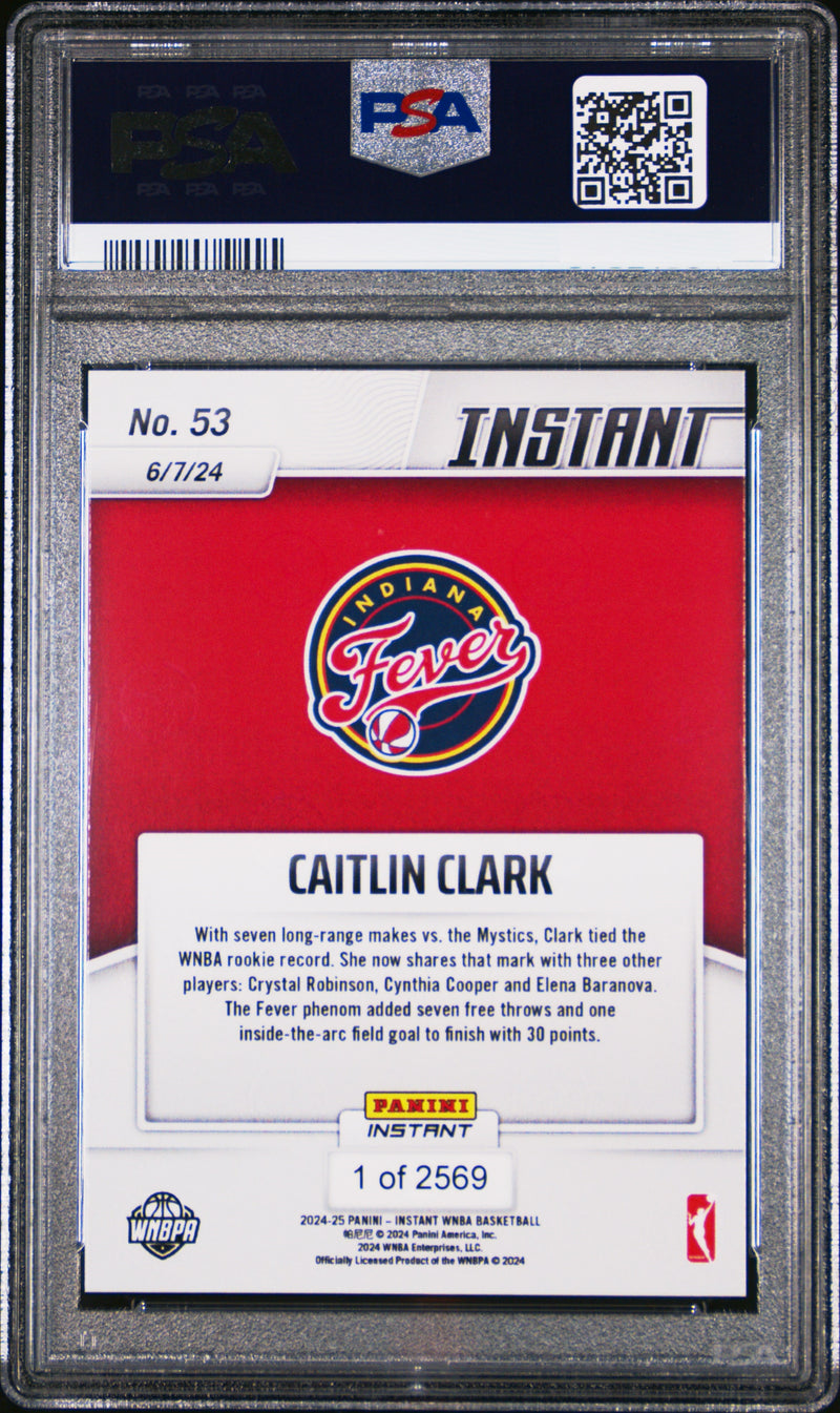 PSA 10 Caitlin Clark 2024 Panini Instant #53 Record Seven Treys Rookie Card Indiana Fever