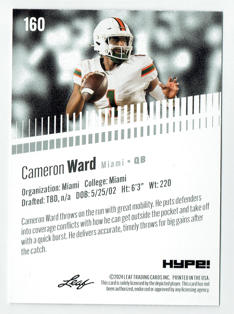 Mint Cameron Ward 2024 Leaf HYPE! #LH-160 Only 5000 Made Rookie Card Miami Hurricanes