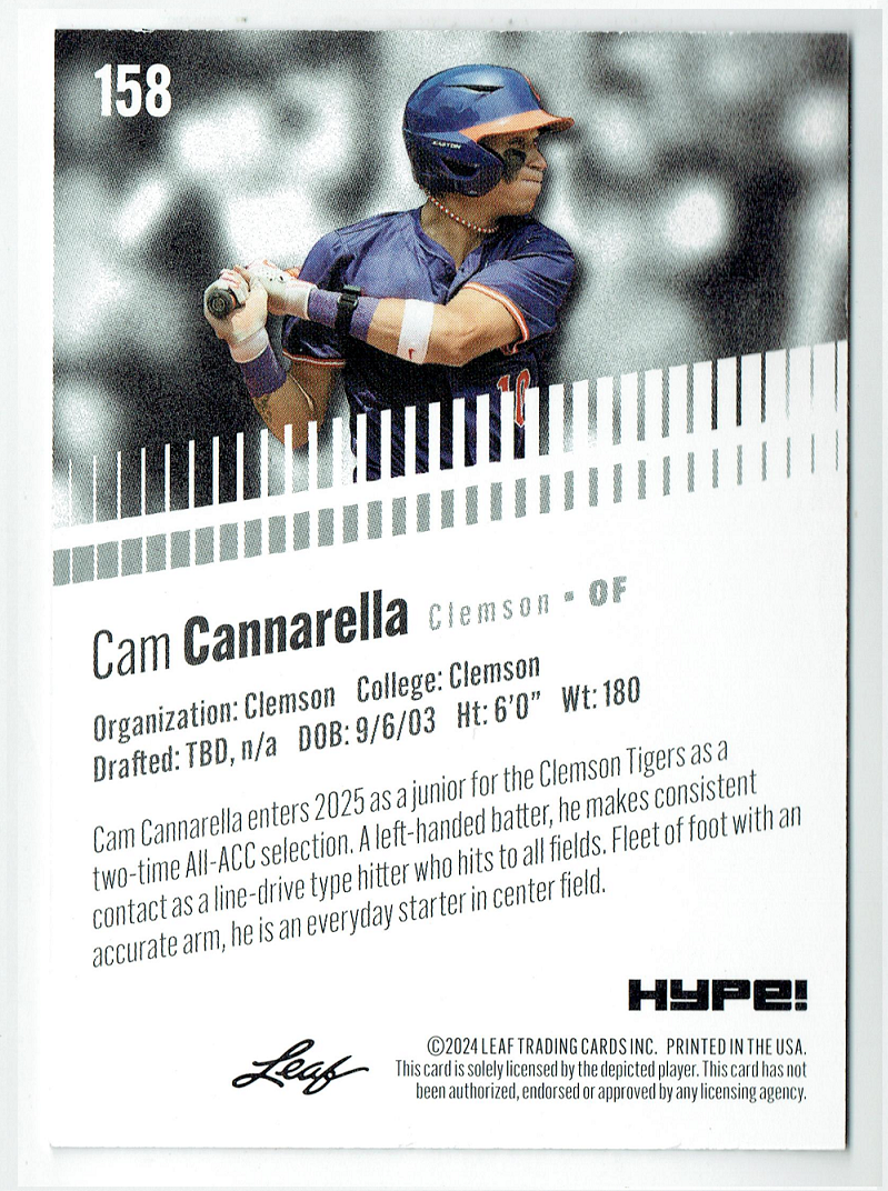 Mint Cam Cannarella 2024 Leaf HYPE! #LH-158 Only 5000 Made Rookie Card Clemson