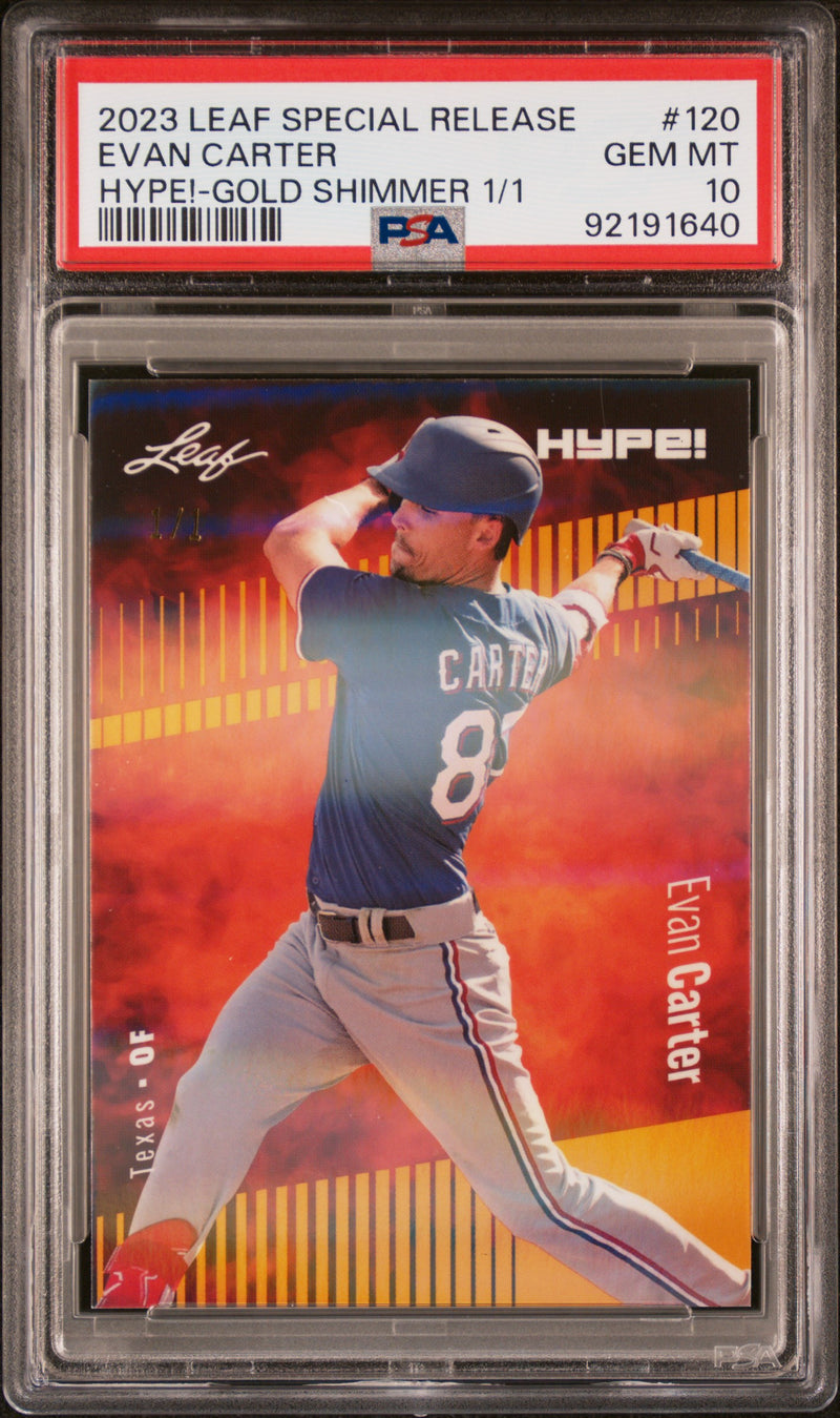PSA 10 Evan Carter 2023 Leaf HYPE #120 Gold Shimmer 1/1 Rookie Card Texas Rangers
