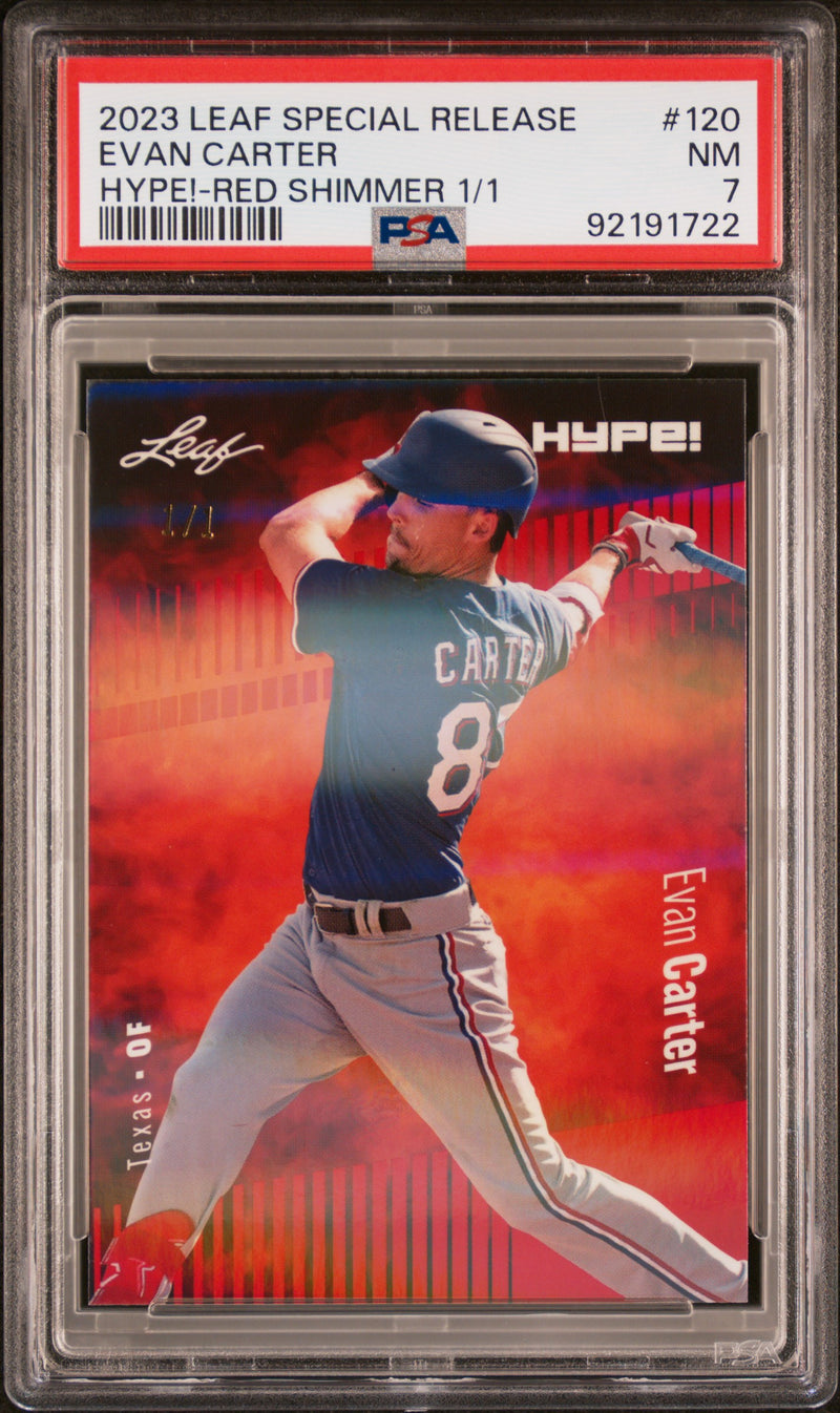 PSA 7 Evan Carter 2023 Leaf HYPE #120 Red Shimmer 1/1 Rookie Card Texas Rangers