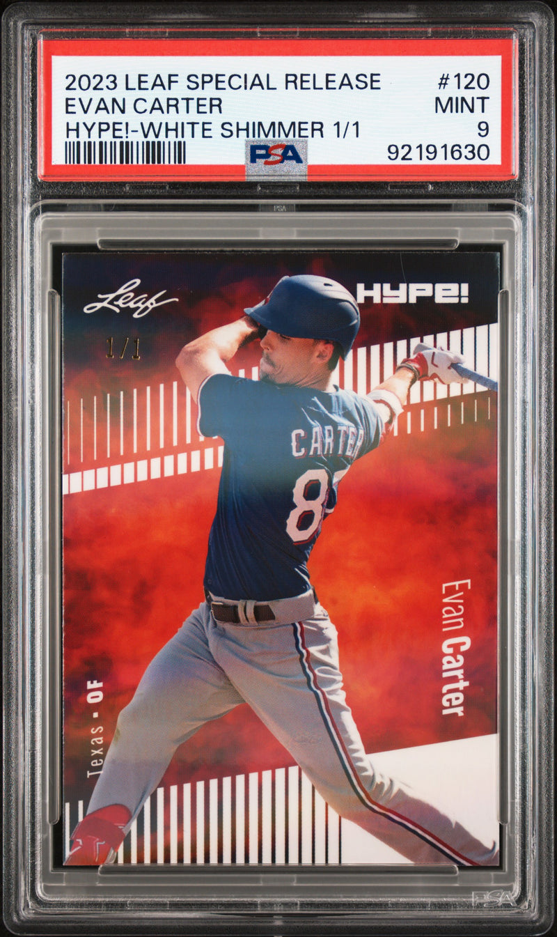 PSA 9 Evan Carter 2023 Leaf HYPE #120 White Shimmer 1/1 Rookie Card Texas Rangers