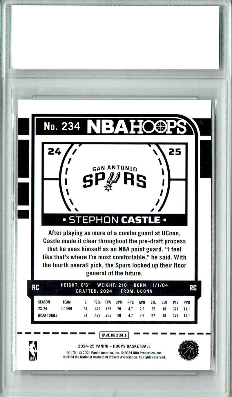 Stephon Castle Rookie Card 2024 Hoops #234 PRISTINE, PGI 10, San Antonio Spurs Basketball