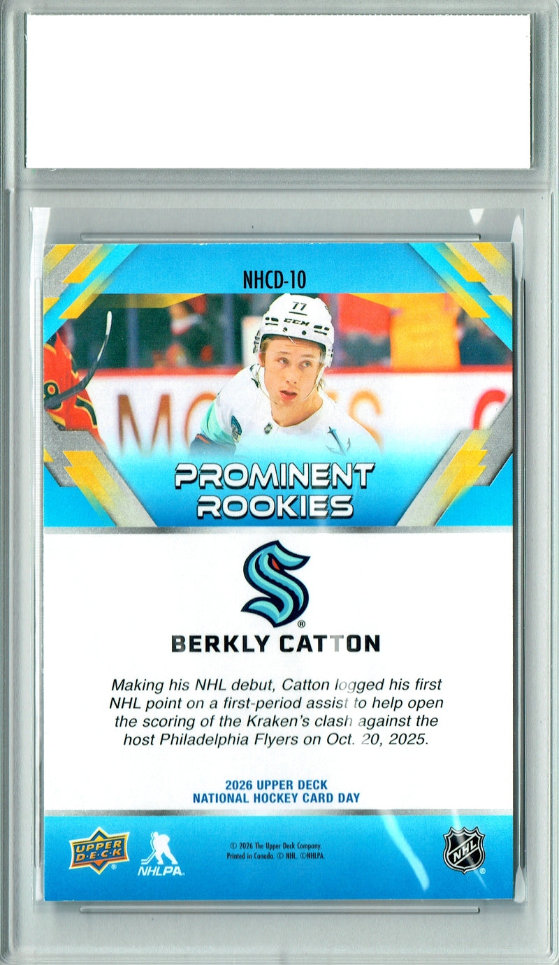 Berkly Catton Rookie Card 2026 Upper Deck #NHCD-10 National Hockey Card Day, PGI 10, Seattle Kraken Hockey
