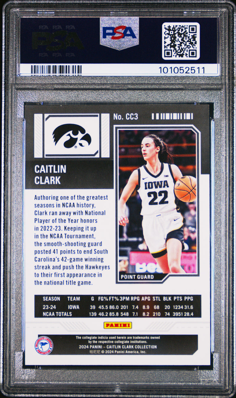 PSA 9 Caitlin Clark 2024 Panini #CC3 Hearts 144/199 Rookie Card Indiana Fever