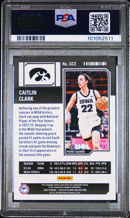 PSA 9 Caitlin Clark 2024 Panini #CC3 Hearts 144/199 Rookie Card