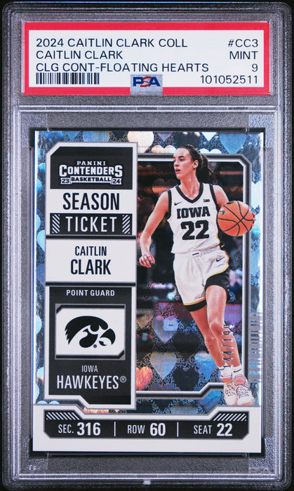 PSA 9 Caitlin Clark 2024 Panini #CC3 Hearts 144/199 Rookie Card