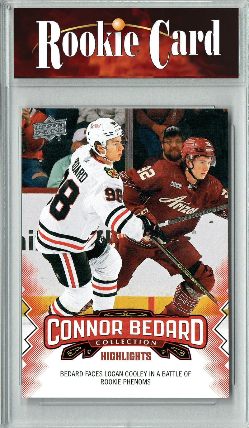 Certified Mint+ Connor Bedard 2023 Upper Deck #17 Faces Logan Cooley Rookie Card Chicago Blackhawks