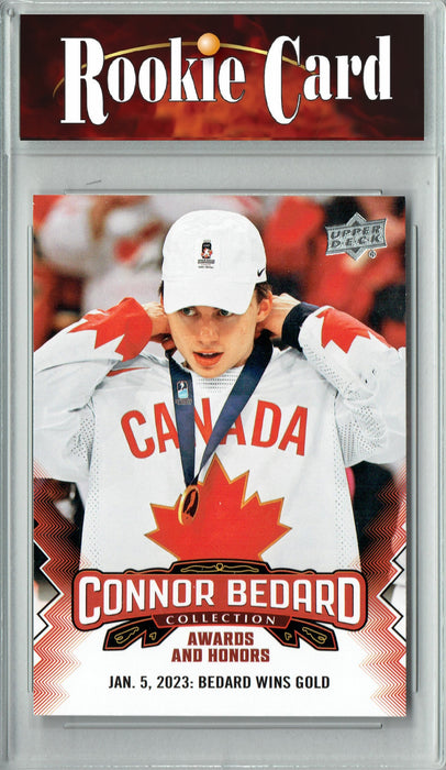 Certified Mint+ 2023 Upper Deck Connor Bedard Collection #29 Awards & Honors Wins Gold Rookie Card Chicago Blackhawks