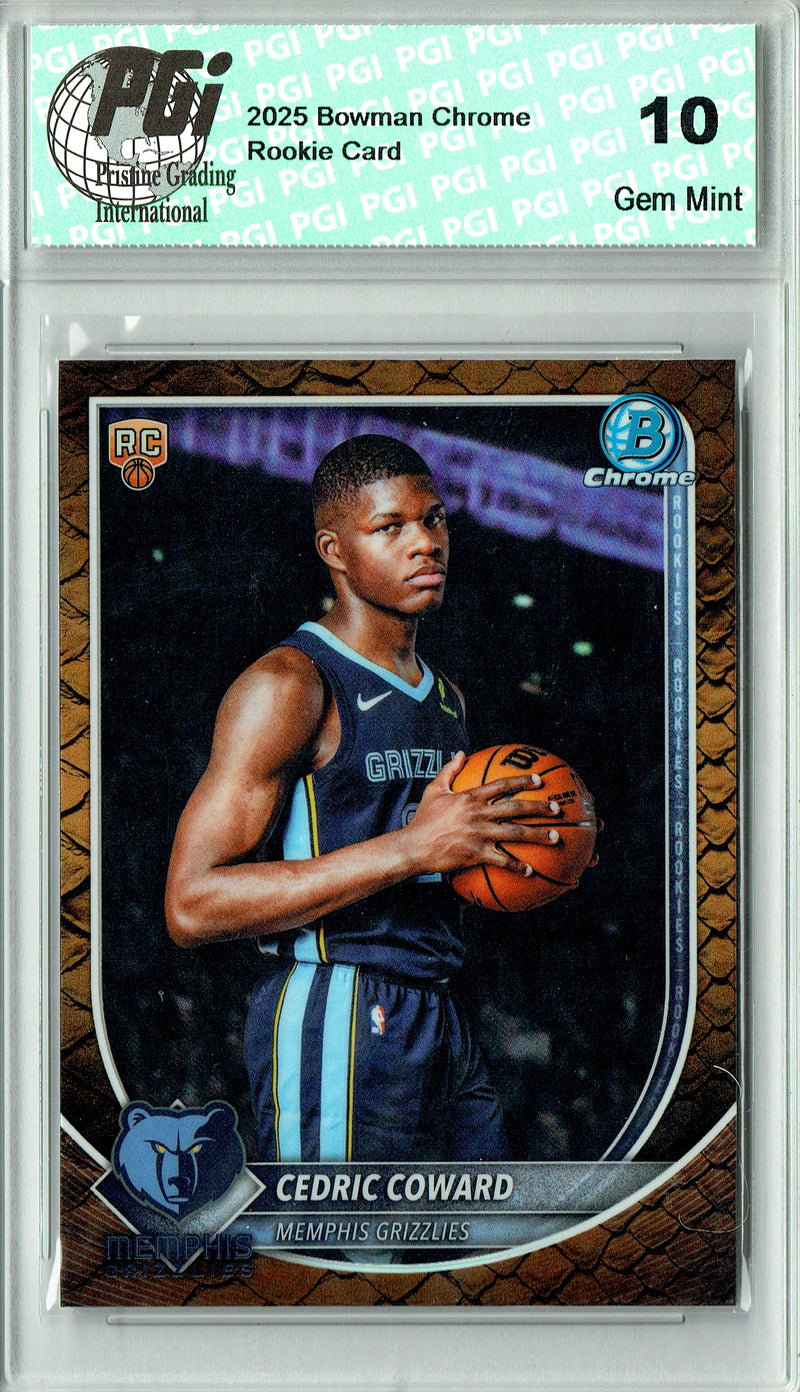Cedric Coward Rookie Card 2025 Bowman Chrome #BCV-11 Reptilian Refractor, PGI 10, Memphis Grizzlies Basketball