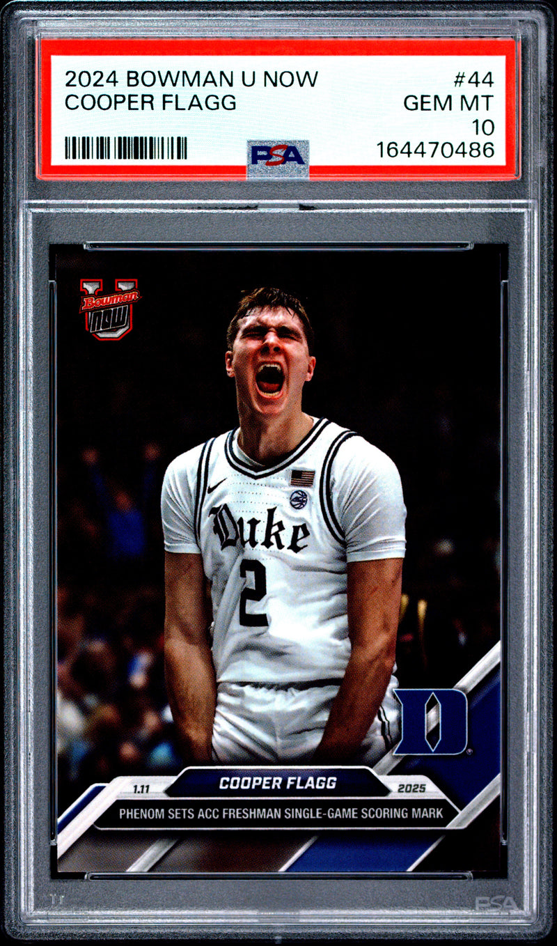 Cooper Flagg Rookie Card 2024 Bowman University Now #44 Phenom Sets Mark, PSA 10, Duke 0
