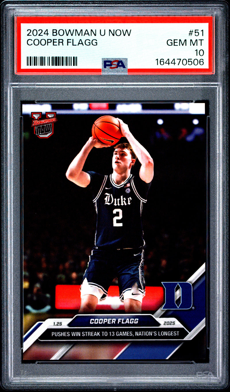 Cooper Flagg Rookie Card 2024 Bowman University Now #51 Pushes Win Streak, PSA 10, Duke 0
